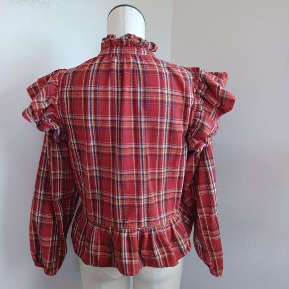 Blank NYC Top Red Plaid Flannel Ruffle Long Sleeves Boho Popover Womens Med - Picture 8 of 14